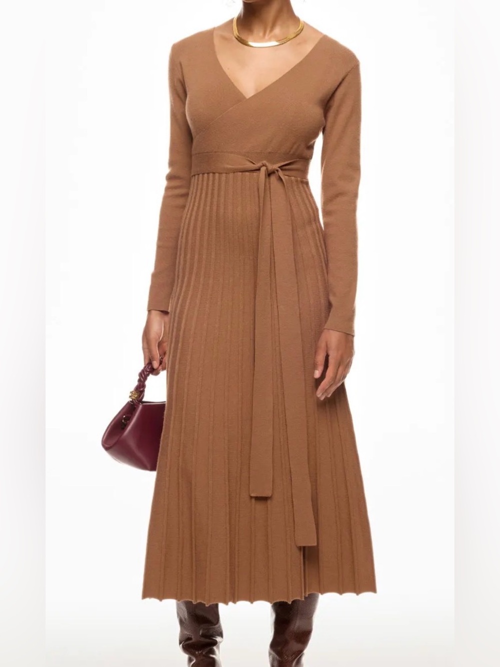 Area Stars Riley Knit Dress, Long Sleeve Wrap Pleated Knit in Caramel